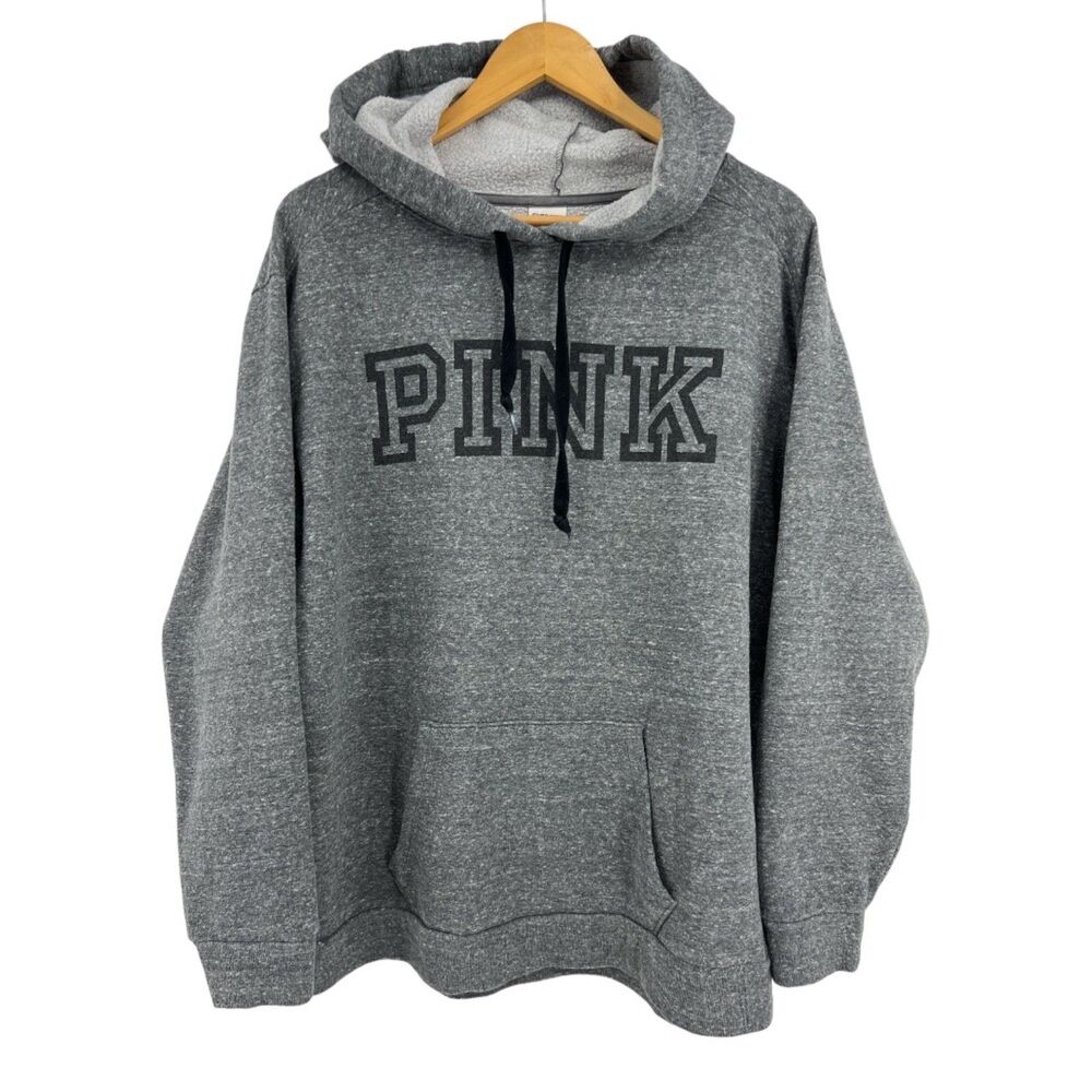 Pink Victoria's Secret sweatshirt Medium womens gray logo hoodie fleece lined